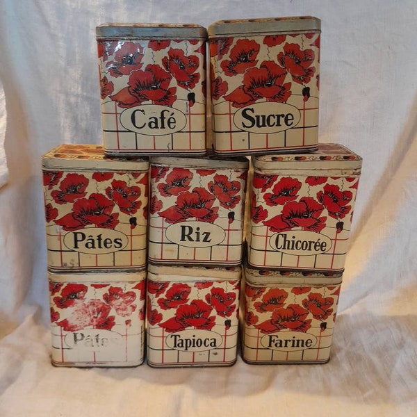 Lot de 8 boîtes en métal peint décor coquelicots pour cuisine France 1950 a set of 8 vintage painted métal box for kitchen France 1950