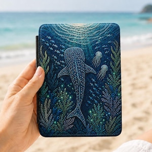 Op de afbeelding: Een blauwe tablethoes met een onderwaterontwerp met een walvishaai, vissen en kwallen. Het ontwerp gebruikt blauwe, groene en witte kleuren, waardoor een oceaanthema ontstaat. De hoes wordt tegen een strandachtergrond gehouden.