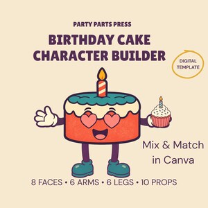 Birthday Cake Character Builder Canva Template, Retro Mascot Maker, Editable Digital Download
