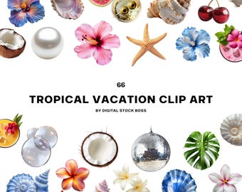 66 Tropical Vacation Clip Art | Tropical Flower Clip Art | Ibiza Summer Vibes Clip Art PNG | Summer Vacation Clip Art