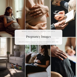 Könnte beinhalten: Eine Collage von Bildern zum Thema Schwangerschaft, die schwangere Personen, Hände auf einem Schwangerschaftsbauch und eine Person beim Schreiben zeigen. Der Text auf dem Bild lautet "Pregnancy Images" und "Realistic lifestyle imagery designed for prenatal, birth, and postpartum care providers."