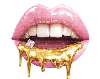Gold Drip Lips Clipart | Teeth Gem PNG, PMU Logo (Digital Download)