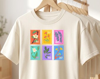 Stamp Collage Shirt Botanical | Tee Floral Postage | Comfort Colors Cute Shirt  Cropped Postal Graphic  Women's Boxy Tee oversized t-shirt