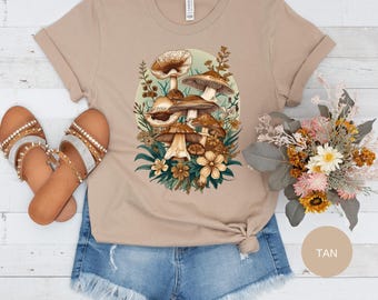Maglietta Mushroom Grove, arte botanica con funghi, maglietta per amanti della natura, stile boho retrò chic