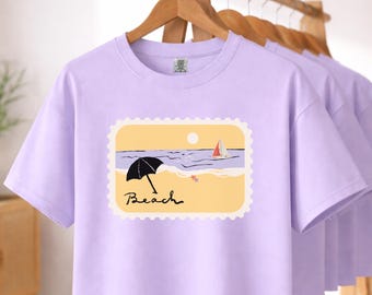 Beach Sunset Boxy Crop Tee, Vintage Coastal Summer Shirt