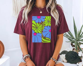 Retro Blue Floral Block Print T-shirt | Bright Green Accents