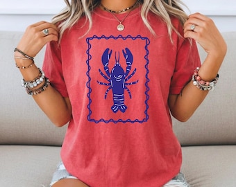 Nautical Lobster Illustration T-shirt | Coastal Seafood Beach Style