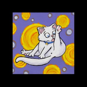 May include: A whimsical illustration of a white cat grooming itself. The cat is depicted with blue eyes, a blue collar, and a gold tag. The background is a purple canvas with yellow and white circular designs.