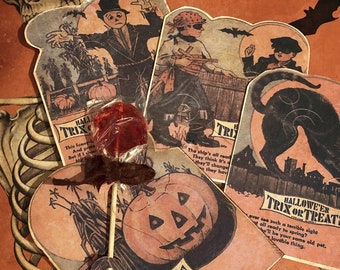 Set 1. Four Halloween Trick or Treat Candy Card Holders Orange Black Cat Pumpkin Scarecrow Wise Owl PDF