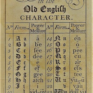 May include: A chart showing the Old English alphabet with the letter form, number, and power or sound. The chart is printed on a cream-colored paper with black ink.