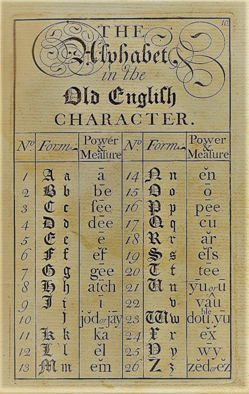May include: A chart showing the Old English alphabet with the letter form, number, and power or sound. The chart is printed on a cream-colored paper with black ink.