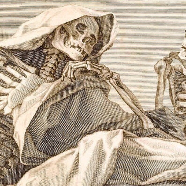 May include: Detailed vintage illustration of a skeleton draped in cloth, with a hood covering the skull. The skeleton is resting, with one arm bent and the hand touching the jaw. The artwork is in black and white, with cross-hatching details.