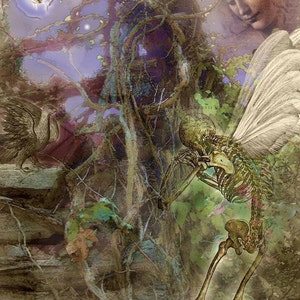 May include: A surreal digital art print featuring a skeletal figure with wings, a bird, and a spider. The artwork has a muted color palette with hints of purple, green, and brown. The image evokes a fantasy or gothic theme.