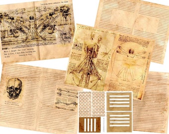 Leonardo Da Vinci  Diary Junk Journal Pages  Seven PDF Printable Sheets 8 1/2 x 11 Sketch Book Journal Tags