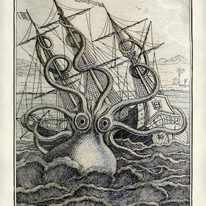 Octopus Sea Warfare Instant Download Illustration Sailing Ship Attack You Print Digital Image image 1