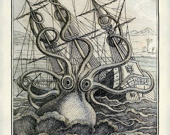 Octopus  Sea Warfare  Instant Download Illustration Sailing Ship Attack You Print Digital Image