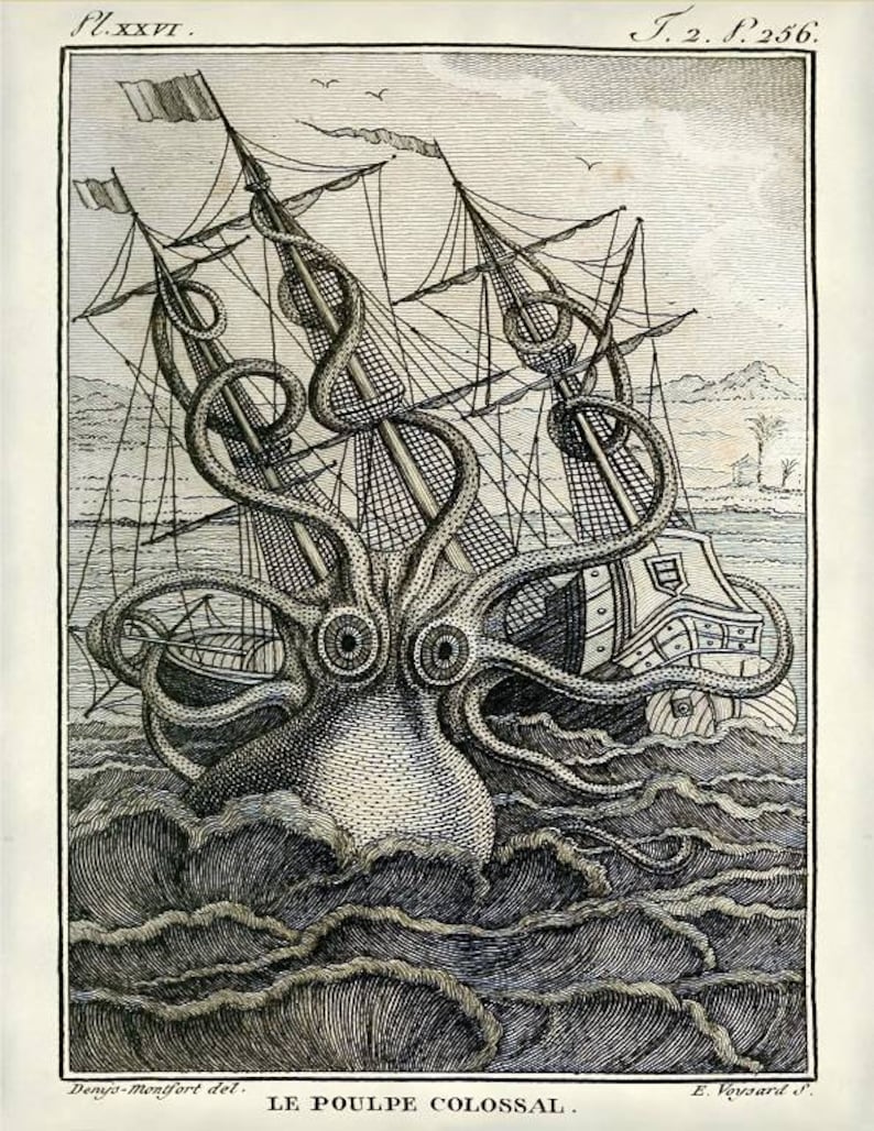 Octopus Sea Warfare Instant Download Illustration Sailing Ship Attack You Print Digital Image image 1