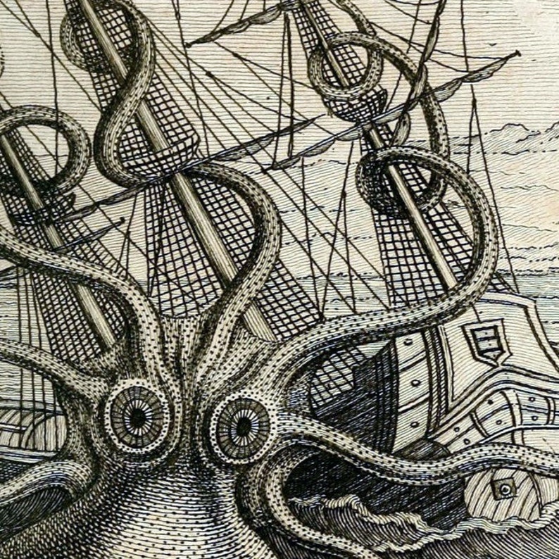 Octopus Sea Warfare Instant Download Illustration Sailing Ship Attack You Print Digital Image image 2