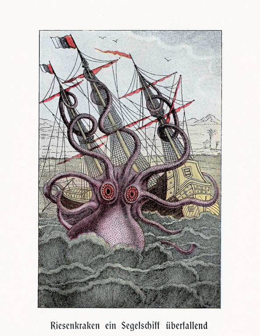 Octopus Sea Warfare Instant Download Illustration Sailing Ship Attack ...