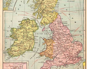 Digital Image Vintage Print Map of The British Isles Ancestry Ireland Scotland England Pink Yellow Blue 3.63MB 9 1/2 x 12 inch or larger