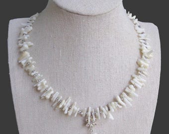 "Signierte Peyote Vogel Artisan White Zweig Coral 925 Sterling Silber Halskette 18"