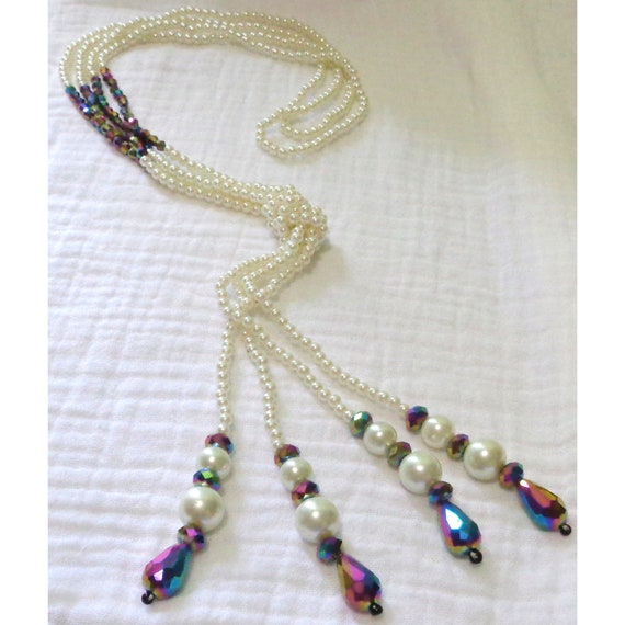 Vtg Faux Pearl Glass Carnival Bead Knotted Tassel… - image 4
