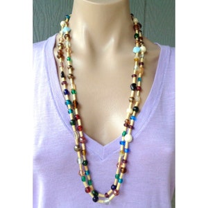Vtg Multi Colored Glass Wooden Tube Bead Necklace Wear Long Or Double Strand Boho