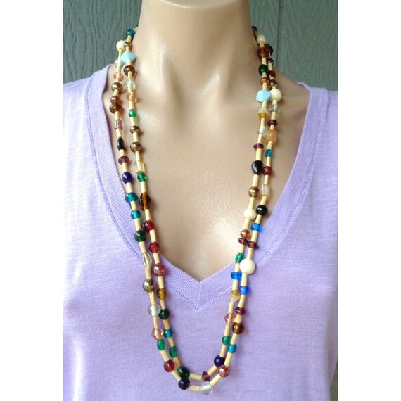 Vtg Multi Colored Glass Wooden Tube Bead Necklace… - image 1
