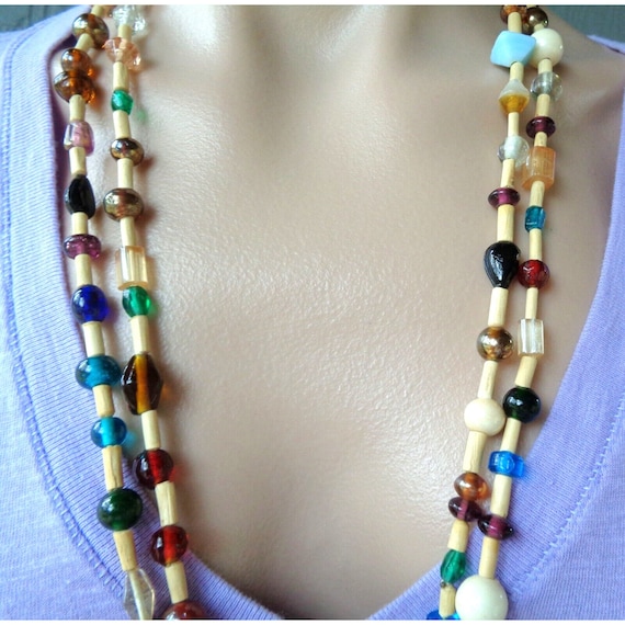 Vtg Multi Colored Glass Wooden Tube Bead Necklace… - image 2