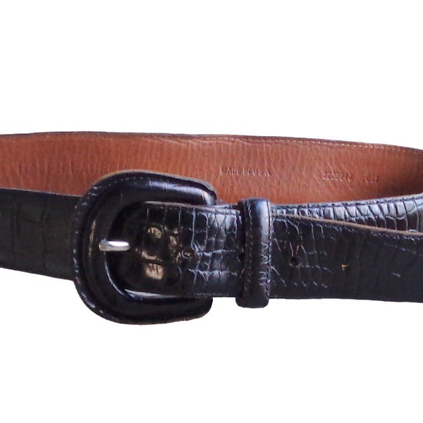 Vtg Vintage 1990s 90s Ralph Lauren 2223940 Black Leather Croc Reptile Embossed Belt Womens S Small