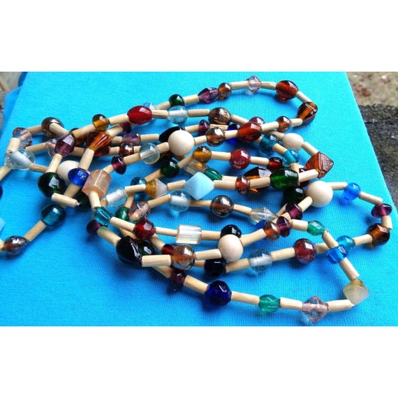Vtg Multi Colored Glass Wooden Tube Bead Necklace… - image 3