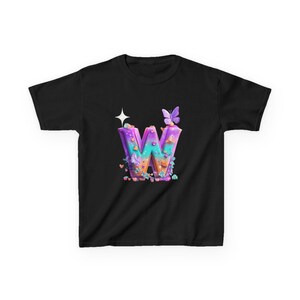 Camiseta feminina letra W - Camiseta infantil, Camiseta infantil, Top juvenil, Design inicial do alfabeto, Camiseta escolar