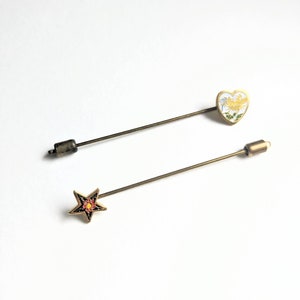 Classic Vintage Enamel Star and Floral Heart Lapel Pin Set - Antique Brass Hat Pin and Suit Accessory, Neutral Tie Tack, Gift for Him or Her