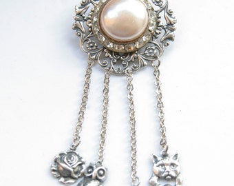 Vintage Button Brooch, Vintage Chatelaine Brooch, Vintage Pearl Earring Repurposed, free shipping, cat jewelry, animal jewelry, rose, owl