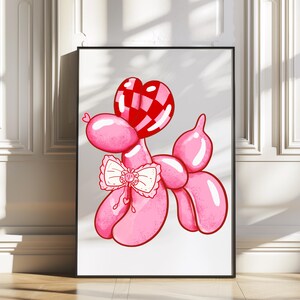 May include: A pink balloon animal shaped like a poodle with a red and white checkered heart on its head and a white bow with a pink butterfly design around its neck.