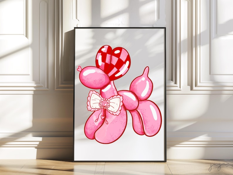 May include: A pink balloon animal shaped like a poodle with a red and white checkered heart on its head and a white bow with a pink butterfly design around its neck.