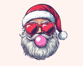 Retro Santa Christmas Blowing Bubble PNG, Vintage Merry Christmas PNG, Funny Santa With Sunglasses Xmas Holiday Sublimation Digital Download