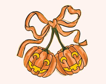 Watercolor Pumpkin PNG: Coquette Bow Halloween Design Digital Download