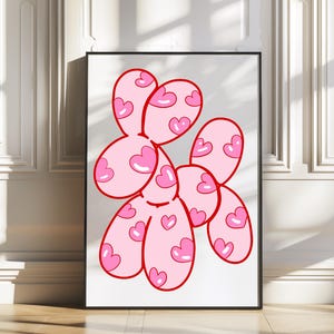 May include: A pink balloon animal shaped like a dog with a heart pattern. The balloon animal is on a white background.