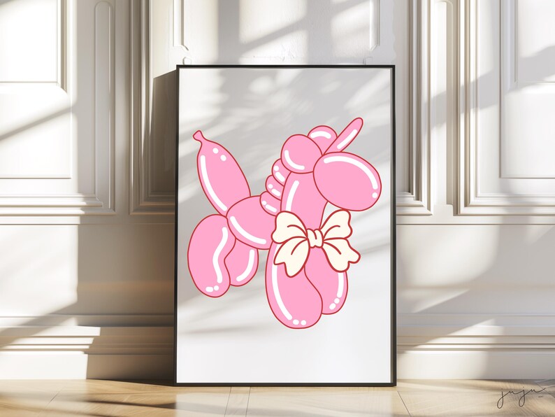 May include: A pink balloon animal shaped like a unicorn with a yellow bow. The unicorn is standing on a white background.