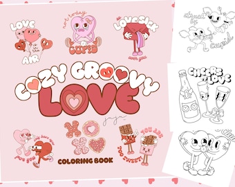 Cozy Groovy Love Valentines Coloring Pages, 50 Cute and Groovy Illustrations, Printable PDF, Instant Digital Download For Fun and Relaxation