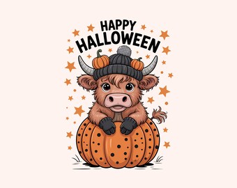 Highland Cow Cute Halloween Png, Cute Halloween Shirt for Kids, Highland Cow Pumpkin Png, Family Halloween Shirt Png, Cute Halloween Png