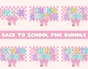 May include: A Back to School PNG bundle featuring colorful text for Pre-K, Kindergarten, First Grade, Second Grade, Third Grade, and Fourth Grade. Each grade level has a matching pink bow and pencil design. The background is a pink and white checkered pattern.