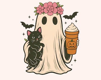 Cute Halloween Ghost with Coffee and Cat, Cute Halloween Ghost Png, Halloween Ghost, Cute Coffee Png, Black Cat Halloween, Cute Halloween