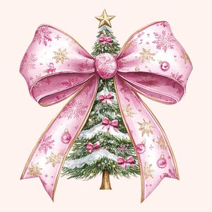 May include: A watercolour illustration of a Christmas tree decorated with pink bows, baubles, and a gold star. The tree is wrapped in a large pink bow with snowflake and gold accents. A festive holiday design.