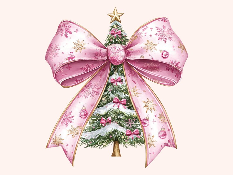 May include: A watercolour illustration of a Christmas tree decorated with pink bows, baubles, and a gold star. The tree is wrapped in a large pink bow with snowflake and gold accents. A festive holiday design.