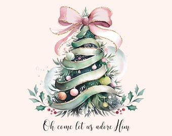 Oh Come Let Us Adore Him, Jesus Christmas PNG, Coquette Christmas Tree Png, Hand Drawn, Christian Christmas Png, Sublimation Png, Bow Png