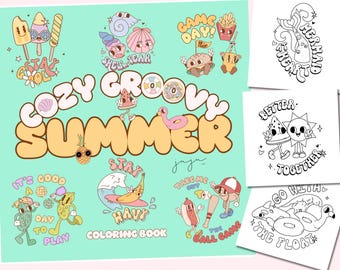 心地よくて楽しい夏の塗り絵、25枚のキュートで素敵なイラスト、印刷可能なPDF、楽しくリラックスできるデジタルダウンロード