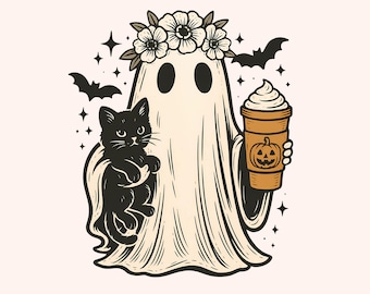 Cute Halloween Ghost with Coffee and Cat, Cute Halloween Ghost Png, Halloween Ghost, Cute Coffee Png, Black Cat Halloween, Cute Halloween