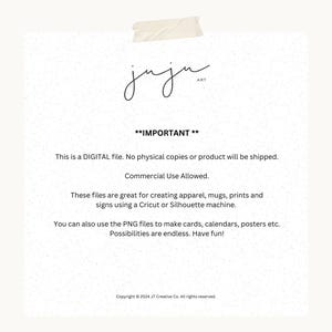 May include: A digital file announcement with the text "IMPORTANT" and "juju art" logo. The text states that it is a digital file, commercial use is allowed, and the files are for apparel, mugs, prints, and signs. The background is white.